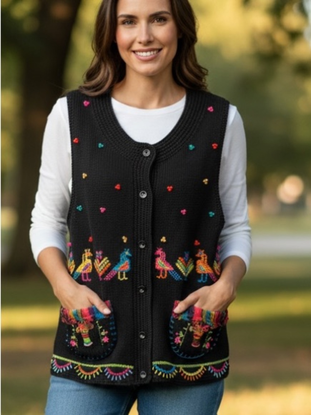 Vintage Sharon Young Black Embroidered Button-Up Vest with Colorful Folk Motifs